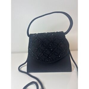 VTG Black Beaded Evening Bag Satin hard shell crossbody Sasha Concert Datenight